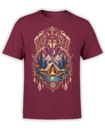 Mystical wolf camping scene with moon, compass, mountains, and campfire on a burgundy T-shirt