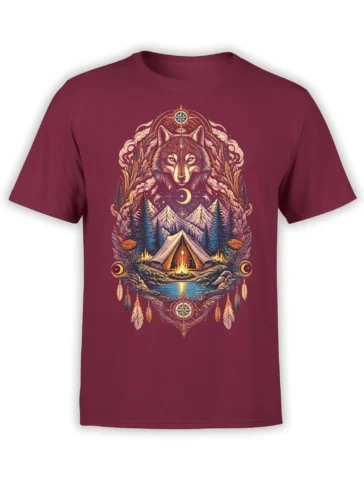 Mystical wolf camping scene with moon, compass, mountains, and campfire on a burgundy T-shirt