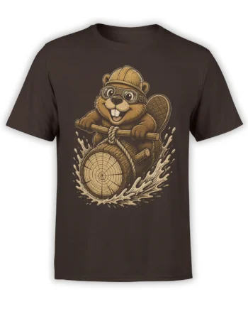 Funny beaver in a hard hat and goggles riding logs on a dark brown T-shirt