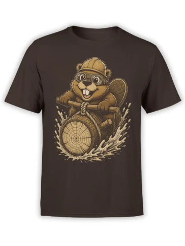 Funny beaver in a hard hat and goggles riding logs on a dark brown T-shirt