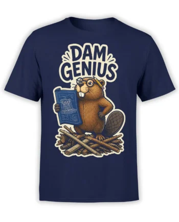 Brown beaver with glasses, blueprint, pencil, and DAM GENIUS text on a navy T-shirt