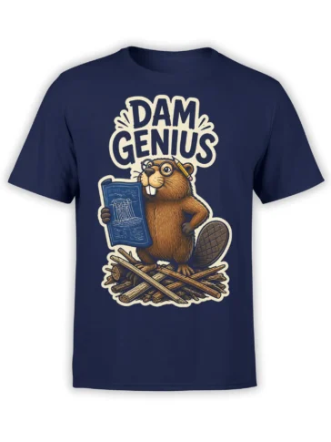Brown beaver with glasses, blueprint, pencil, and DAM GENIUS text on a navy T-shirt