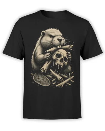 Black T-shirt with a fierce beaver holding a skull and football in vintage cream artwork