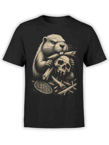 Black T-shirt with a fierce beaver holding a skull and football in vintage cream artwork