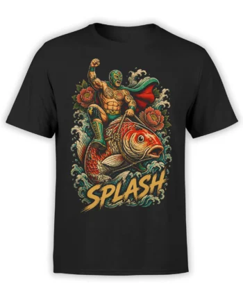 Black T-shirt with masked wrestler riding a giant fish through waves, flowers, and bold golden SPLASH lettering