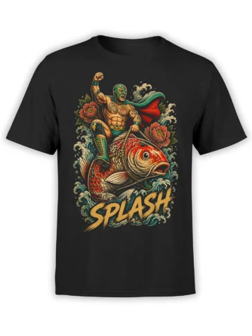 Black T-shirt with masked wrestler riding a giant fish through waves, flowers, and bold golden SPLASH lettering