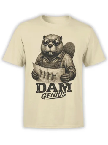 Vintage beaver engineer wearing goggles and holding a dam plan on a beige Dam Genius T-shirt