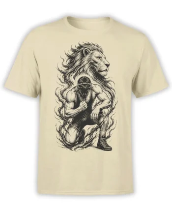 Beige T-shirt with a detailed lion and kneeling athlete strength illustration in black and gray