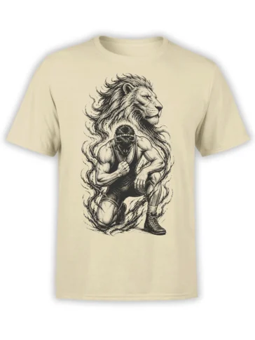 Beige T-shirt with a detailed lion and kneeling athlete strength illustration in black and gray