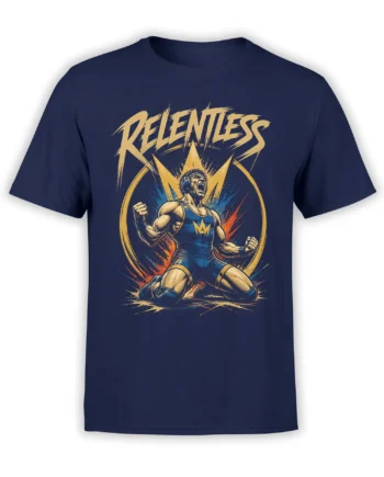 Relentless athlete graphic with bold lettering and explosive colors on a navy sport T-shirt