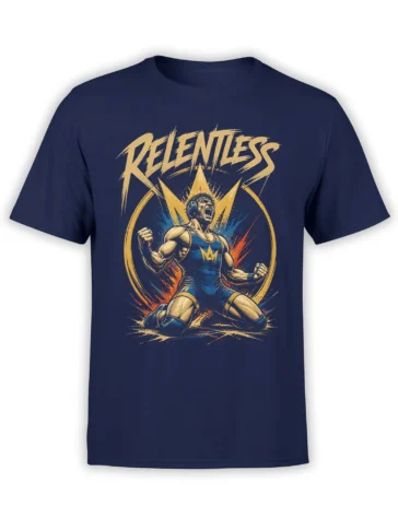 Relentless athlete graphic with bold lettering and explosive colors on a navy sport T-shirt