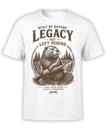 White beaver T-shirt with vintage forest artwork and the words Built by Nature Legacy