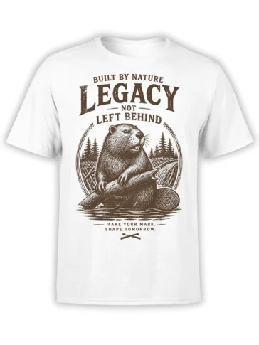 White beaver T-shirt with vintage forest artwork and the words Built by Nature Legacy