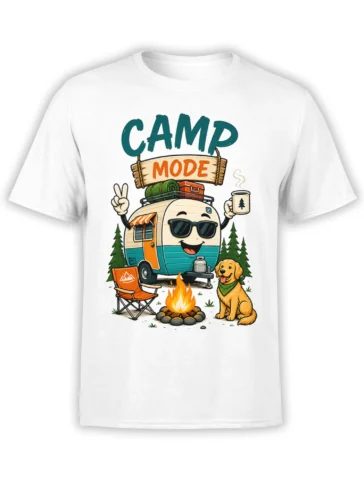 White camping T-shirt with Camp Mode camper, campfire, pine trees, coffee mug, and golden retriever design