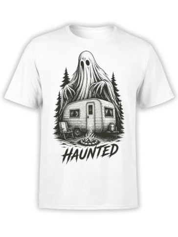 White T-shirt with a black-and-white haunted ghost behind a camper, pine trees, campfire, and bold text