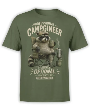 Green raccoon camping T-shirt with sunglasses, coffee mug, camp chair, and vintage adventure lettering