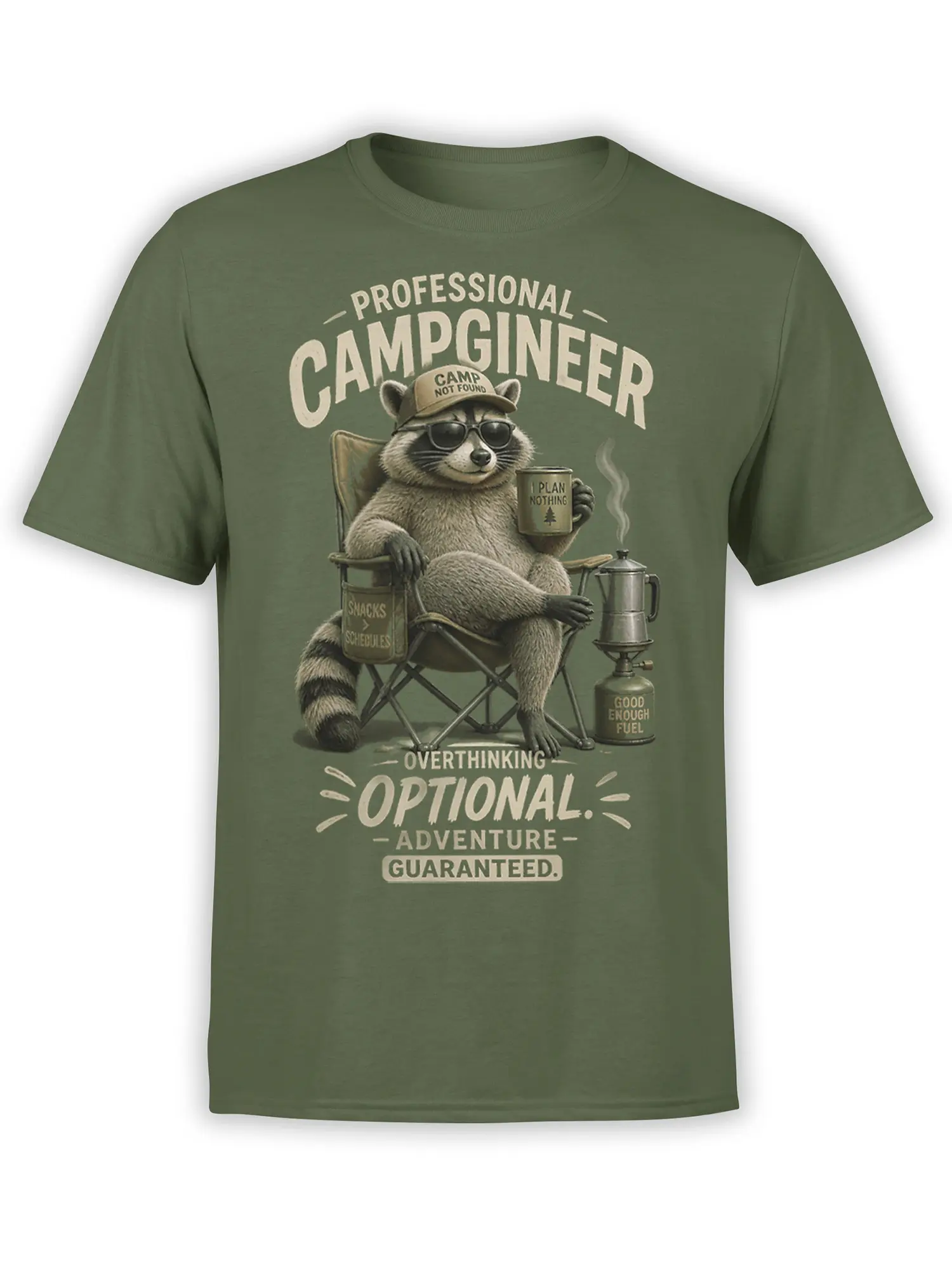 Green raccoon camping T-shirt with sunglasses, coffee mug, camp chair, and vintage adventure lettering