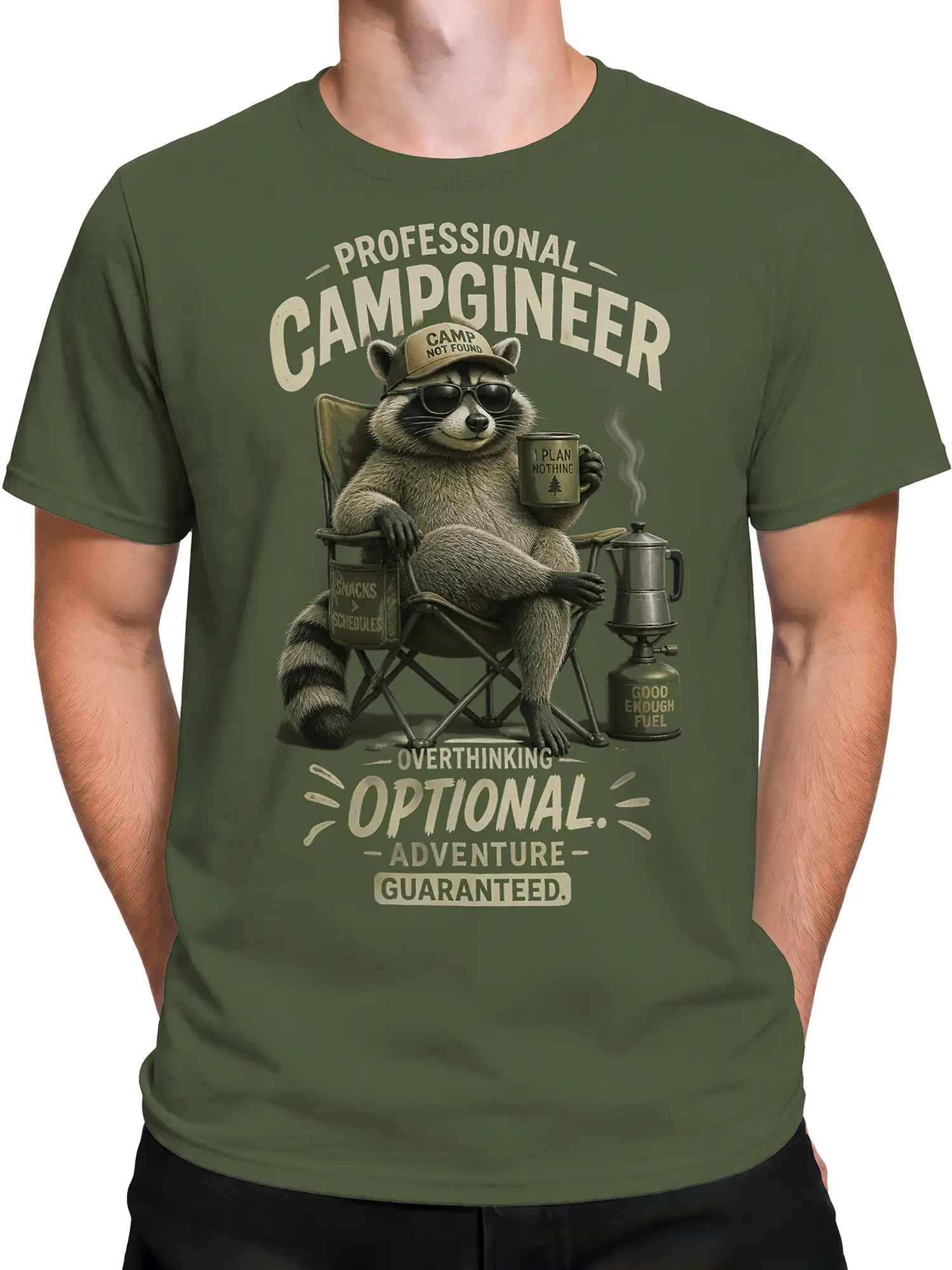 Male torso wearing a green raccoon camping T-shirt with sunglasses, coffee, and adventure artwork