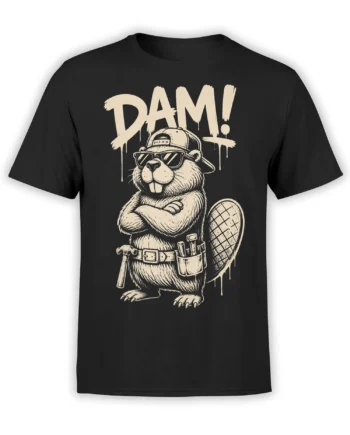 Funny beaver T-shirt in black with sunglasses, sideways cap, tools, flat tail, and bold DAM! lettering
