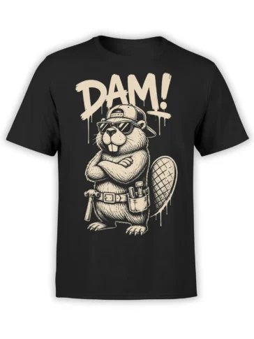 Funny beaver T-shirt in black with sunglasses, sideways cap, tools, flat tail, and bold DAM! lettering