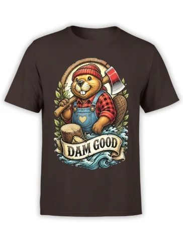 Brown T-shirt with a cheerful beaver lumberjack, axe, logs, waves, and a “DAM GOOD” banner
