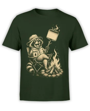 Green raccoon camping T-shirt with campfire, hot mug, and giant toasted marshmallow illustration