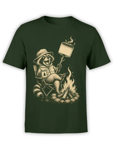 Green raccoon camping T-shirt with campfire, hot mug, and giant toasted marshmallow illustration