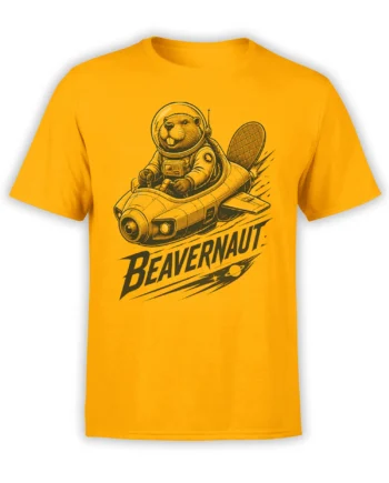 Orange Beavernaut T-shirt with a retro astronaut beaver piloting a spacecraft and bold space-themed lettering