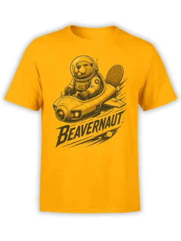 Orange Beavernaut T-shirt with a retro astronaut beaver piloting a spacecraft and bold space-themed lettering