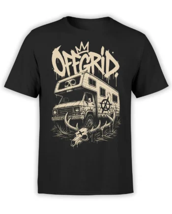 Black camping T-shirt with crowned off-grid lettering, distressed camper van, anarchy symbol, and antlered skull
