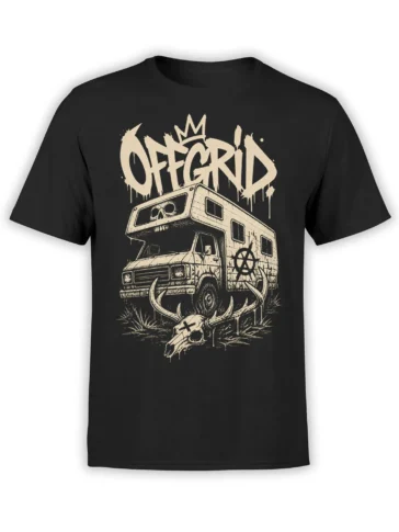 Black camping T-shirt with crowned off-grid lettering, distressed camper van, anarchy symbol, and antlered skull