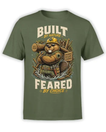 Green beaver builder T-shirt with hard hat, tools, log, and “Dam Proud” artwork