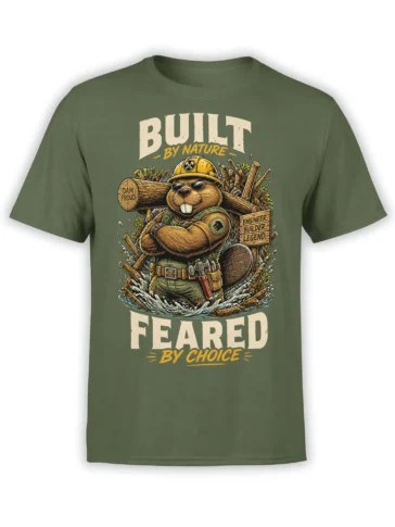 Green beaver builder T-shirt with hard hat, tools, log, and “Dam Proud” artwork