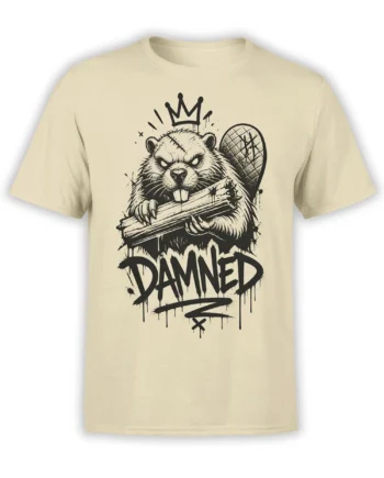 Beige T-shirt with a crowned beaver holding a log above large dripping DAMNED lettering