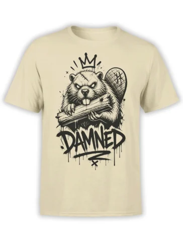 Beige T-shirt with a crowned beaver holding a log above large dripping DAMNED lettering