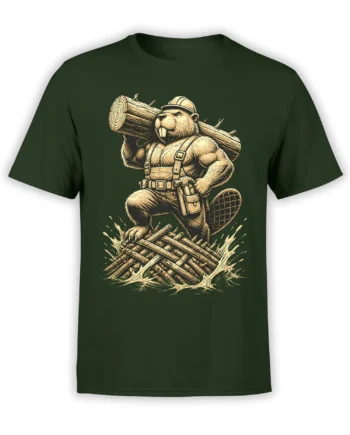 Vintage beaver builder carrying a large log in work gear on a deep green T-shirt