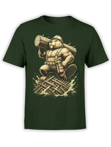 Vintage beaver builder carrying a large log in work gear on a deep green T-shirt