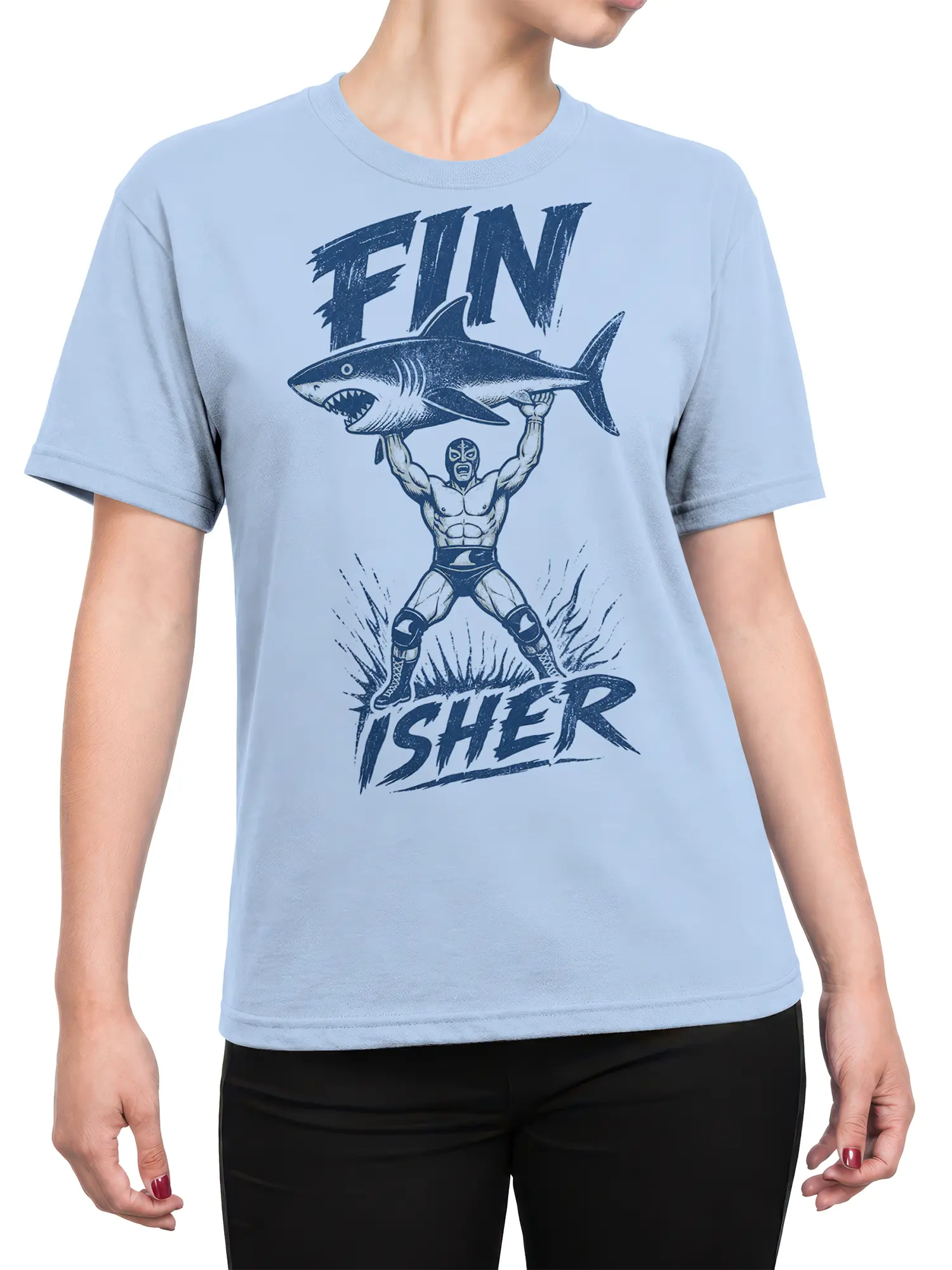 Female torso wearing a light blue shark wrestler T-shirt with vintage distressed artwork