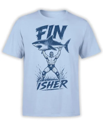 Light blue T-shirt with a masked wrestler lifting a fierce shark in a bold vintage-style design
