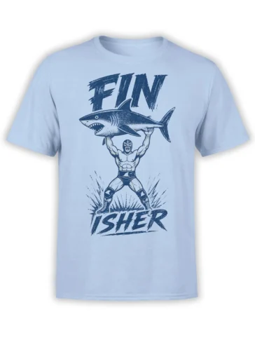 Light blue T-shirt with a masked wrestler lifting a fierce shark in a bold vintage-style design