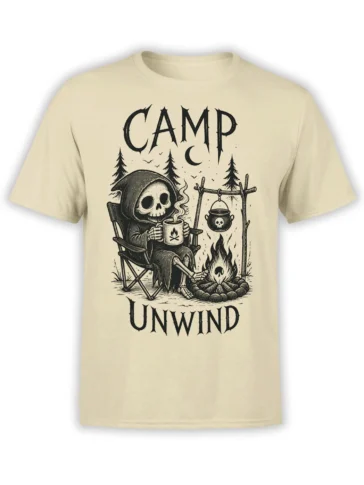Beige Camp Unwind T-shirt with a hooded grim reaper, campfire, coffee mug, forest, and moon