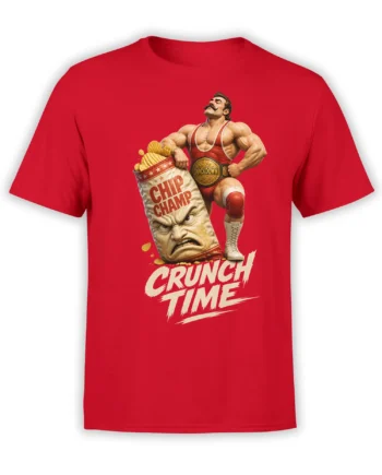 Red T-shirt with a muscular mustached chip champion, angry snack bag, championship belt, and “CRUNCH TIME” lettering