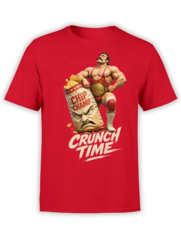 Red T-shirt with a muscular mustached chip champion, angry snack bag, championship belt, and “CRUNCH TIME” lettering