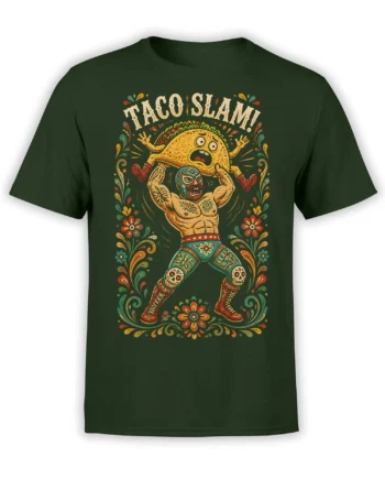 Dark green taco luchador T-shirt with a masked wrestler lifting a giant taco