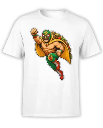 White T-shirt with a masked taco wrestler in green and red gear, golden cape, red boots, and colorful food artwork