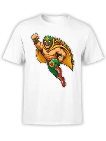 White T-shirt with a masked taco wrestler in green and red gear, golden cape, red boots, and colorful food artwork