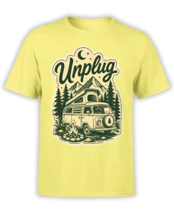 Yellow T-shirt with Unplug camper van design, mountains, pine trees, moon, stars, and campfire