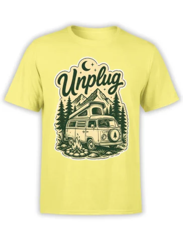 Yellow T-shirt with Unplug camper van design, mountains, pine trees, moon, stars, and campfire