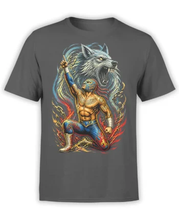 Masked warrior and fierce gray wolf graphic printed on a dark gray T-shirt with flames