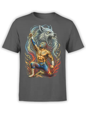Masked warrior and fierce gray wolf graphic printed on a dark gray T-shirt with flames